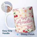 Personalized Custom Name Cute Cherry Bow and Daisy Yellow Gingham Seamless Pattern Lovely 11oz Ceramic Coffee Tea Mug White Large Handle