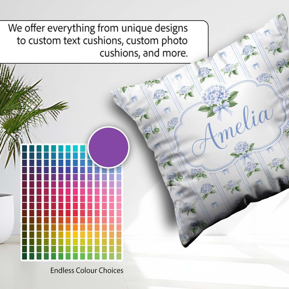 Custom Name Blue Hydrangea Stripe Bow Floral Seamless Pattern Square Filled Cushion Throw Pillow Sofa Bed Home Decor Zip Washable UK Made