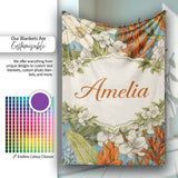 Botanical Floral Illustration Blue Background Seamless Lovely  Personalised Custom Name Super Soft Fleece Blanket Bed Sofa Throw