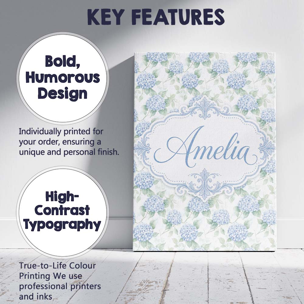 Personalised Name Soft Blue Hydrangea Custom Modern Room Accent Creative Decorator Style Canvas Wall Art Print Decor Picture Ready to Hang