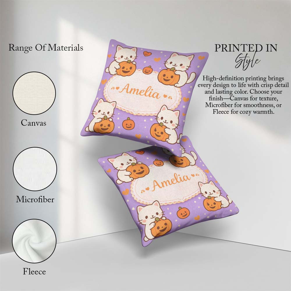 Custom Name Cute Halloween Cat Pumpkin Cartoon Animal Pattern Square Filled Cushion Throw Pillow Sofa Bed Home Decor Zip Washable UK Made