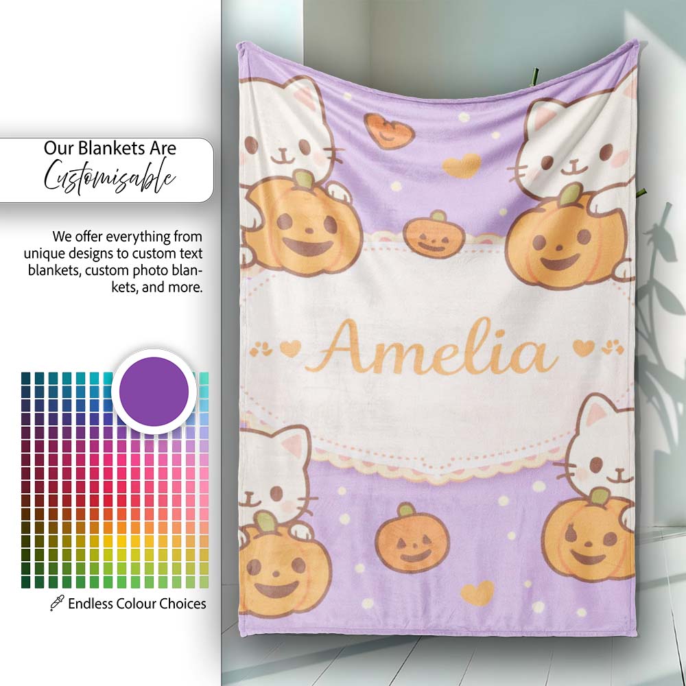 Cute Halloween Cat Pumpkin Cartoon Animal Pattern Cute Unique Gift  Personalised Custom Name Super Soft Fleece Blanket Bed Sofa Throw