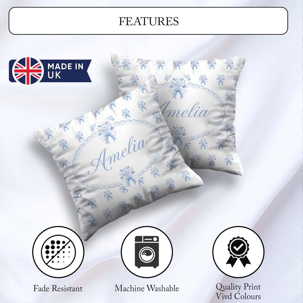 Custom Name Blue Rose Bow Tossed Floral Seamless Pattern Stylish Square Filled Cushion Throw Pillow Sofa Bed Home Decor Zip Washable UK Made