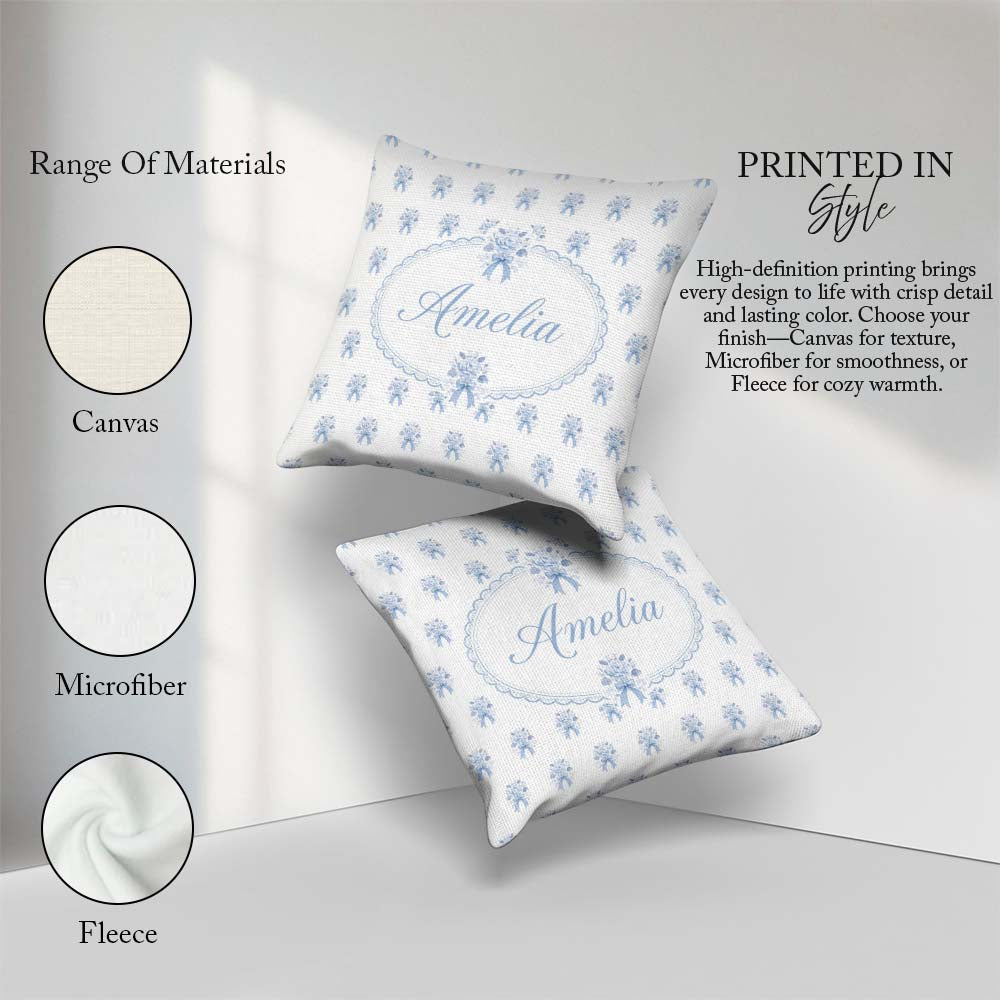Custom Name Blue Rose Bow Tossed Floral Seamless Pattern Stylish Square Filled Cushion Throw Pillow Sofa Bed Home Decor Zip Washable UK Made