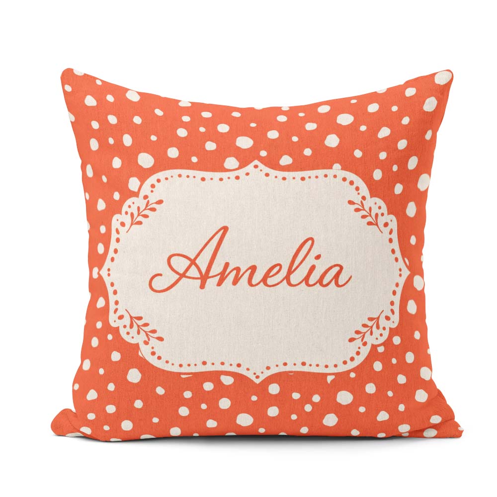Custom Name White Polka Dot Pattern Orange Background Seamless Square Filled Cushion Throw Pillow Sofa Bed Home Decor Zip Washable UK Made