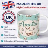 Personalized Custom Name Cute Alpaca Llama Farm Animals Floral Seamless Pattern Mint Green 11oz Ceramic Coffee Tea Mug White Large Handle