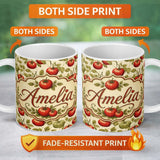 Personalized Custom Name Heirloom Red and Green Tomatoes Botanical Garden Seamless Pattern 11oz Ceramic Coffee Tea Mug White Large Handle