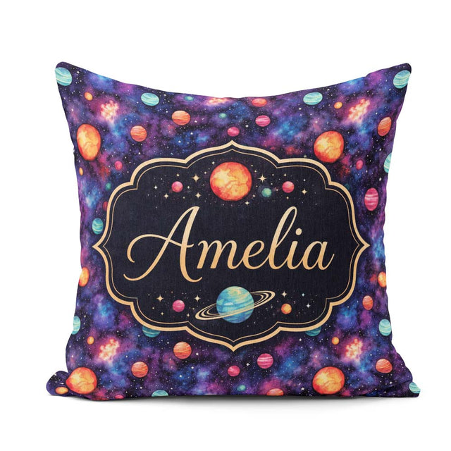 Custom Name Colorful Cartoon Planets Galaxy Purple Space Pattern Square Filled Cushion Throw Pillow Sofa Bed Home Decor Zip Washable UK Made
