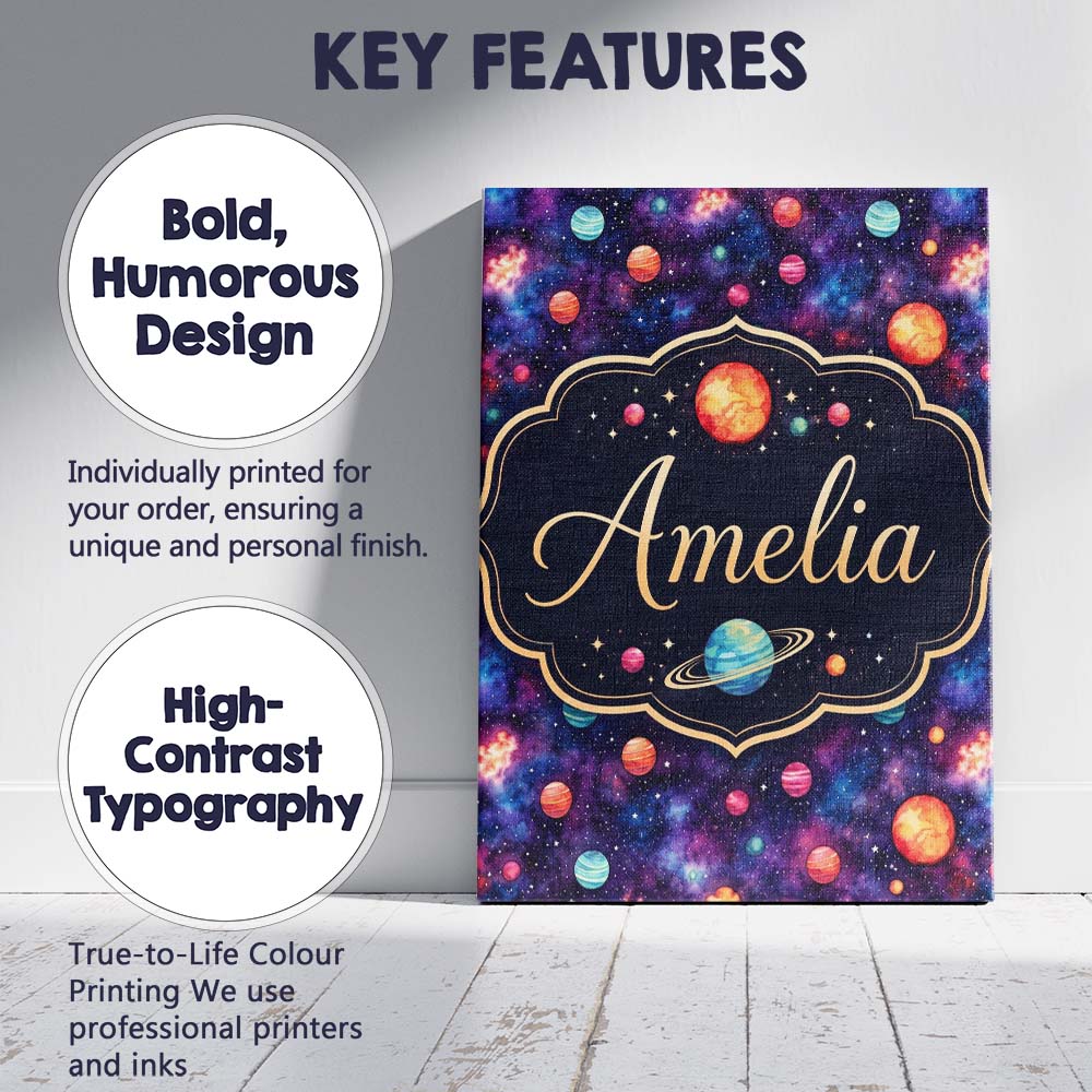 Personalised Name Colorful Cartoon Planets Custom  Unique Gift Idea Elegant Feature Canvas Wall Art Print Decor Picture Ready to Hang