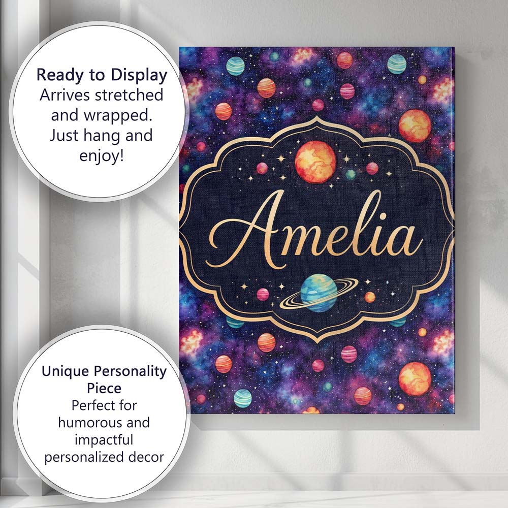 Personalised Name Colorful Cartoon Planets Custom  Unique Gift Idea Elegant Feature Canvas Wall Art Print Decor Picture Ready to Hang