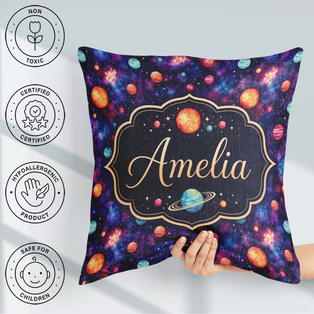 Custom Name Colorful Cartoon Planets Galaxy Purple Space Pattern Square Filled Cushion Throw Pillow Sofa Bed Home Decor Zip Washable UK Made
