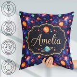 Custom Name Colorful Cartoon Planets Galaxy Purple Space Pattern Square Filled Cushion Throw Pillow Sofa Bed Home Decor Zip Washable UK Made