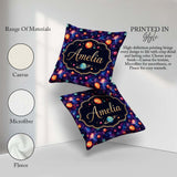 Custom Name Colorful Cartoon Planets Galaxy Purple Space Pattern Square Filled Cushion Throw Pillow Sofa Bed Home Decor Zip Washable UK Made