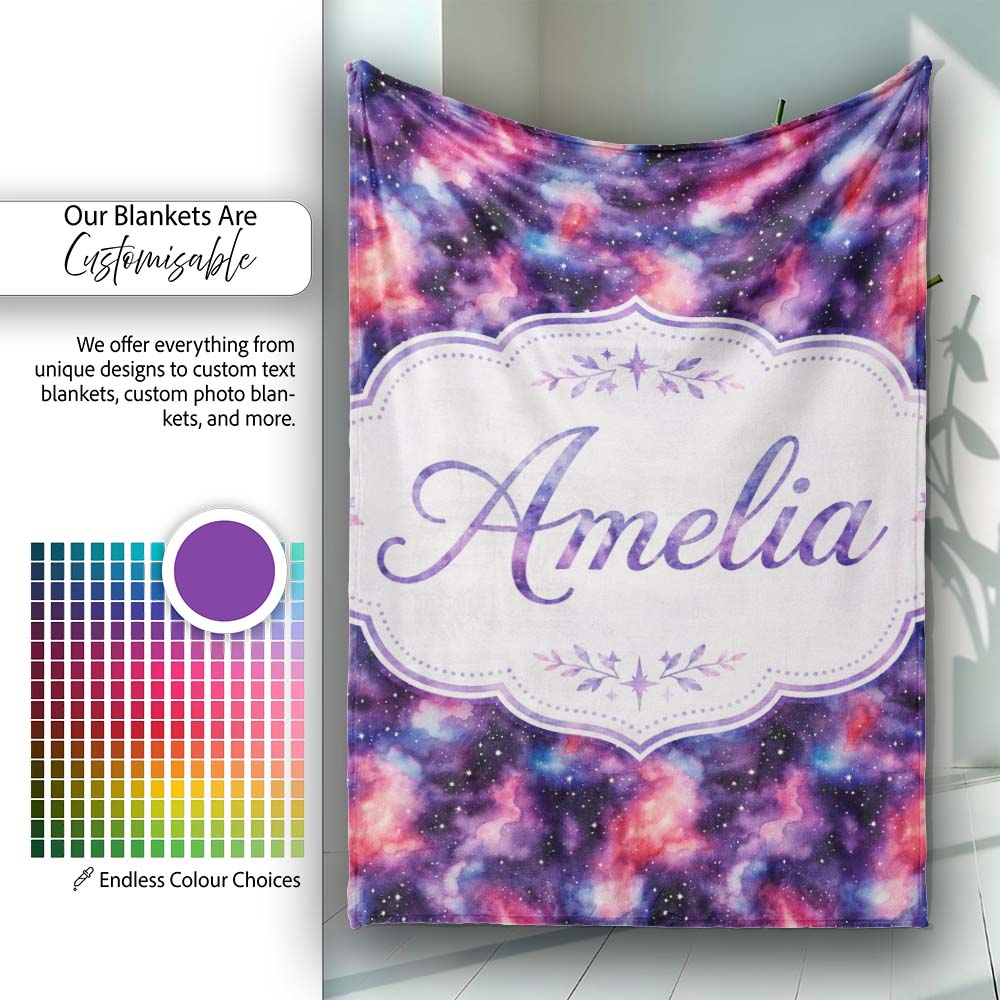 Watercolor Nebula Galaxy Pink Purple Space Seamless Pattern Artistic  Personalised Custom Name Super Soft Fleece Blanket Bed Sofa Throw