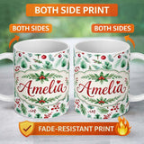 Custom Name Watercolor Pine Branches Red Berries Christmas Foliage Seamless 11oz Ceramic Coffee Tea Mug White Large Handle