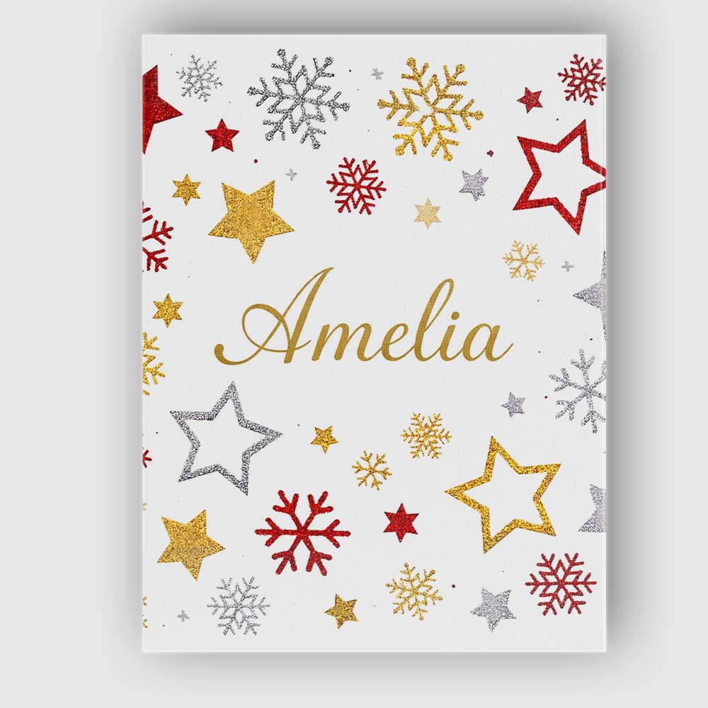 Personalised Name Festive Stars and Snowflakes Pattern White Background Seamless Custom Canvas Wall Art Print Decor Picture Ready to Hang
