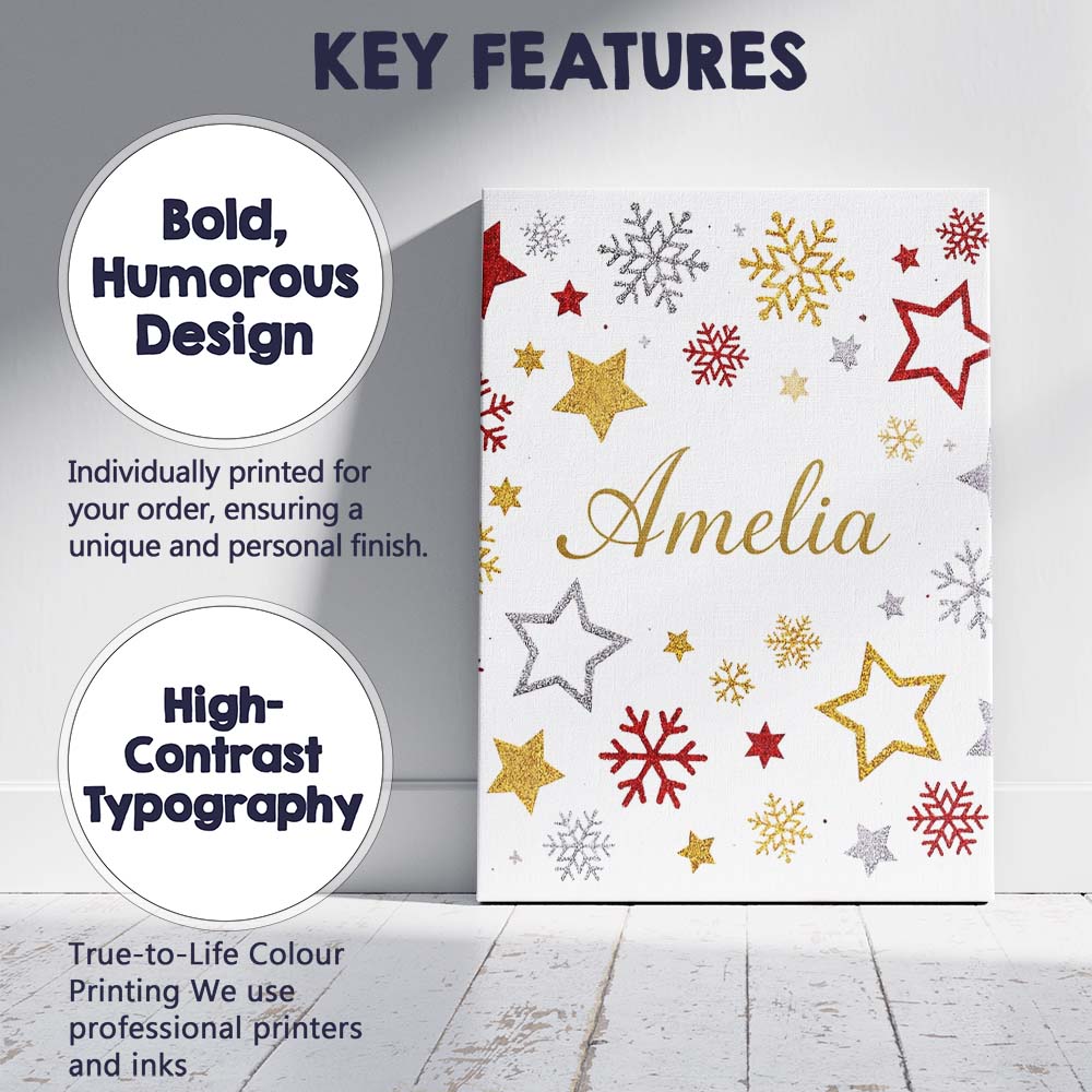 Personalised Name Festive Stars and Snowflakes Pattern White Background Seamless Custom Canvas Wall Art Print Decor Picture Ready to Hang