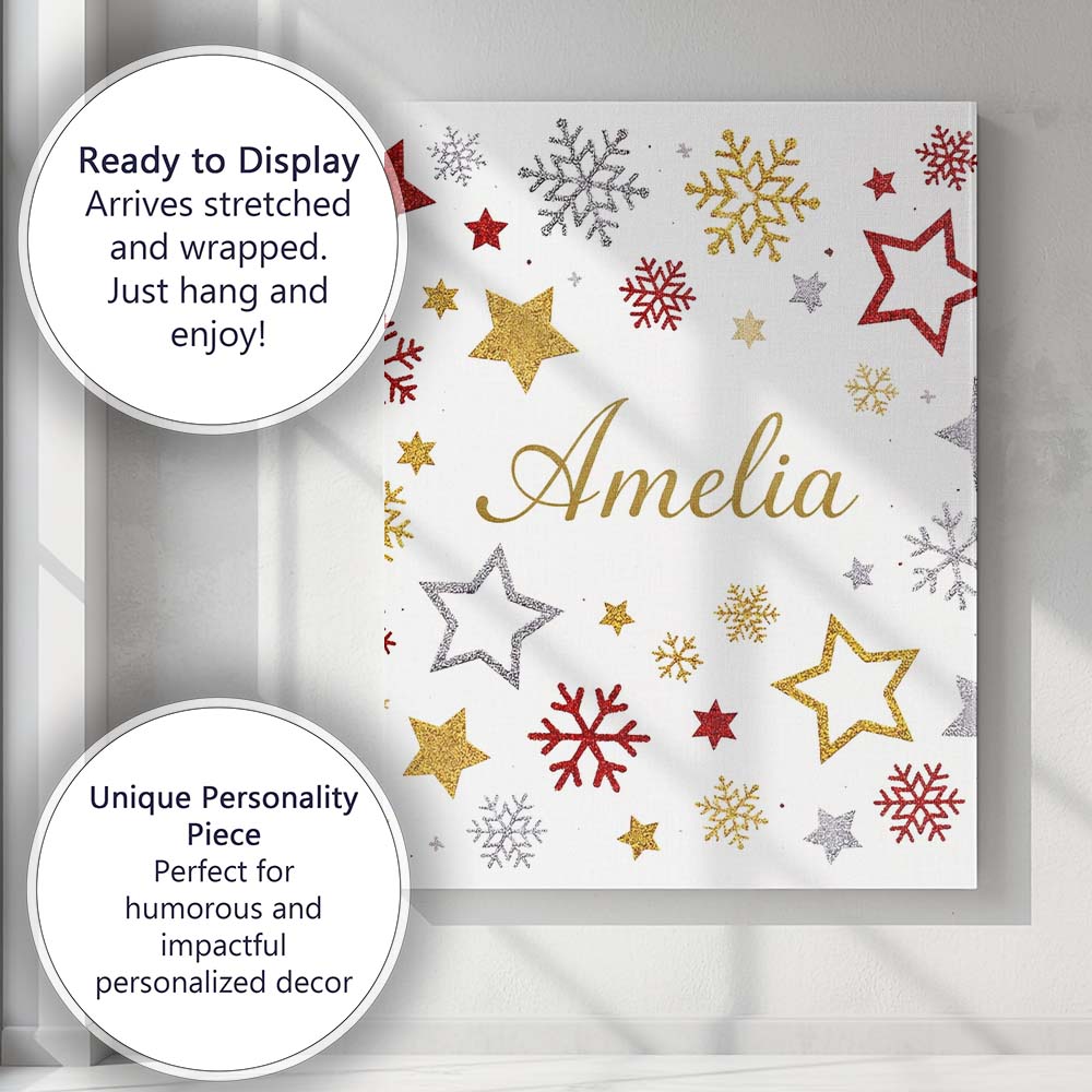 Personalised Name Festive Stars and Snowflakes Pattern White Background Seamless Custom Canvas Wall Art Print Decor Picture Ready to Hang