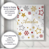 Personalised Name Festive Stars and Snowflakes Pattern White Background Seamless Custom Canvas Wall Art Print Decor Picture Ready to Hang