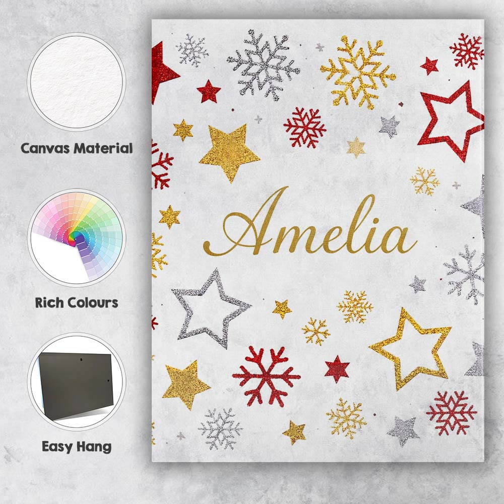 Personalised Name Festive Stars and Snowflakes Pattern White Background Seamless Custom Canvas Wall Art Print Decor Picture Ready to Hang