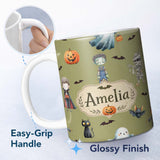 Personalized Custom Name Cute Halloween Kids Characters Zombie Vampire Bats Pumpkin Olive 11oz Ceramic Coffee Tea Mug White Large Handle
