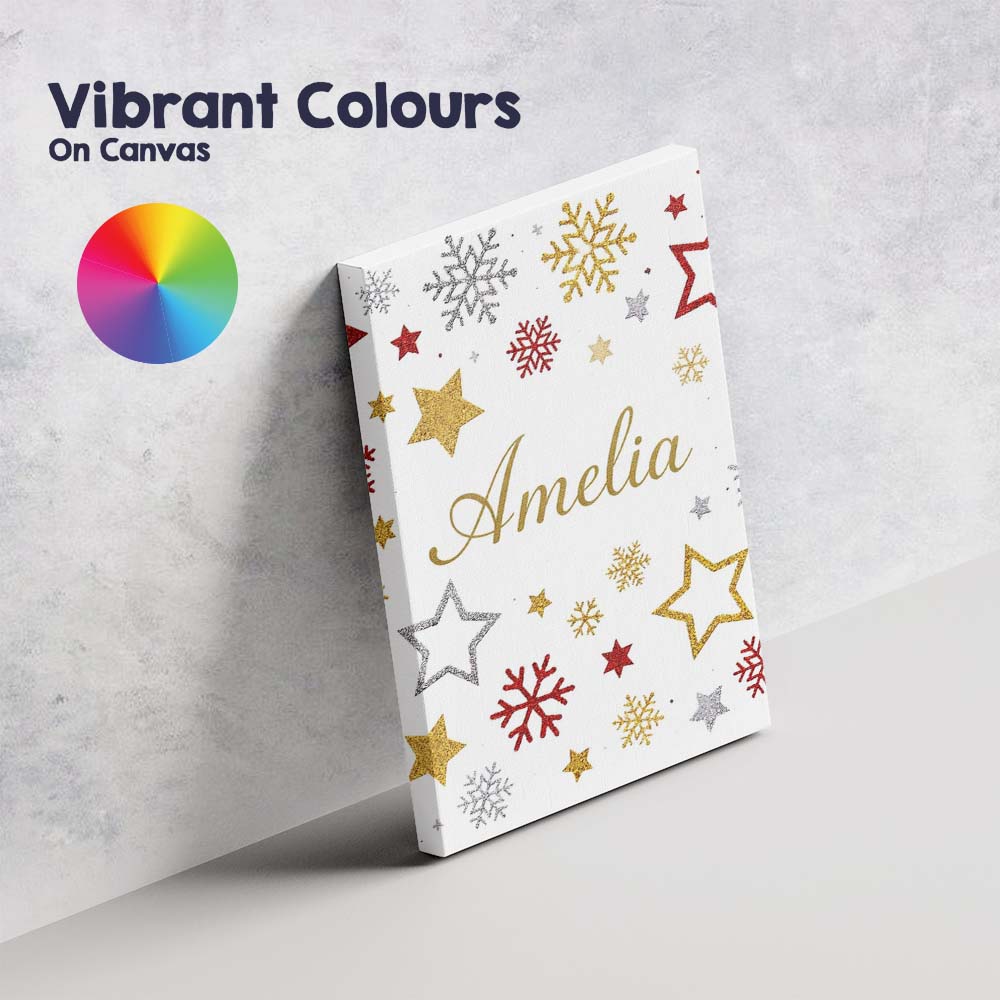 Personalised Name Festive Stars and Snowflakes Pattern White Background Seamless Custom Canvas Wall Art Print Decor Picture Ready to Hang