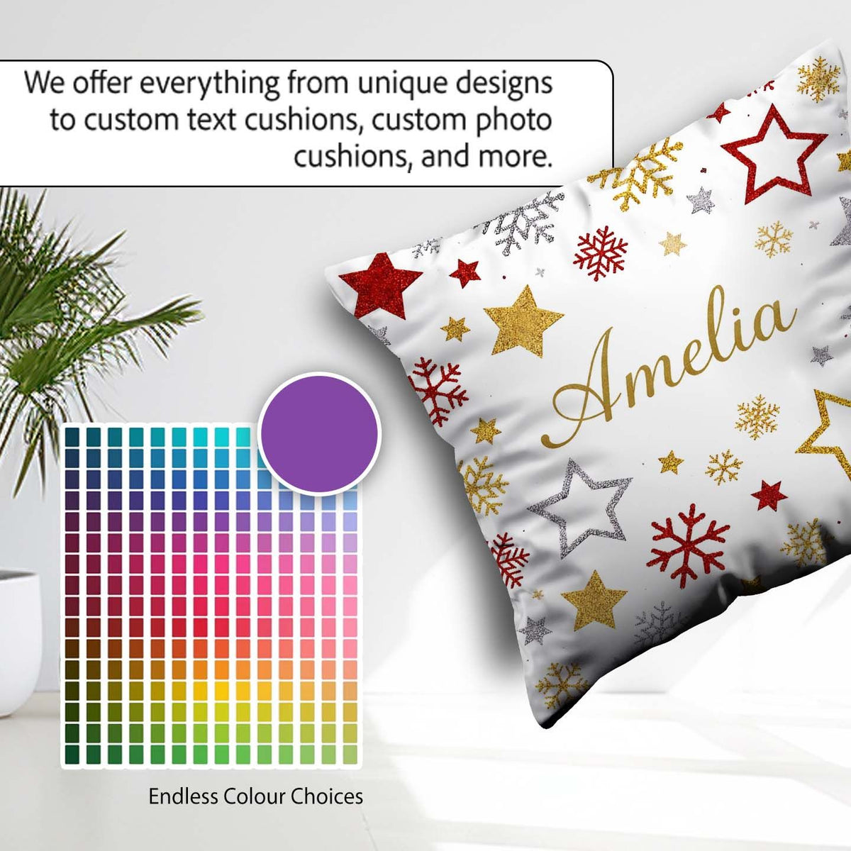 Custom Name Festive Stars and Snowflakes Pattern White Seamless Square Filled Cushion Throw Pillow Sofa Bed Home Decor Zip Washable UK Made
