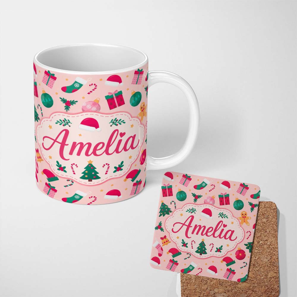 Personalized Custom Name Cute Gingerbread Candy Cane Bauble Tree Seamless Pattern Lovely 11oz Ceramic Coffee Tea Mug White Large Handle