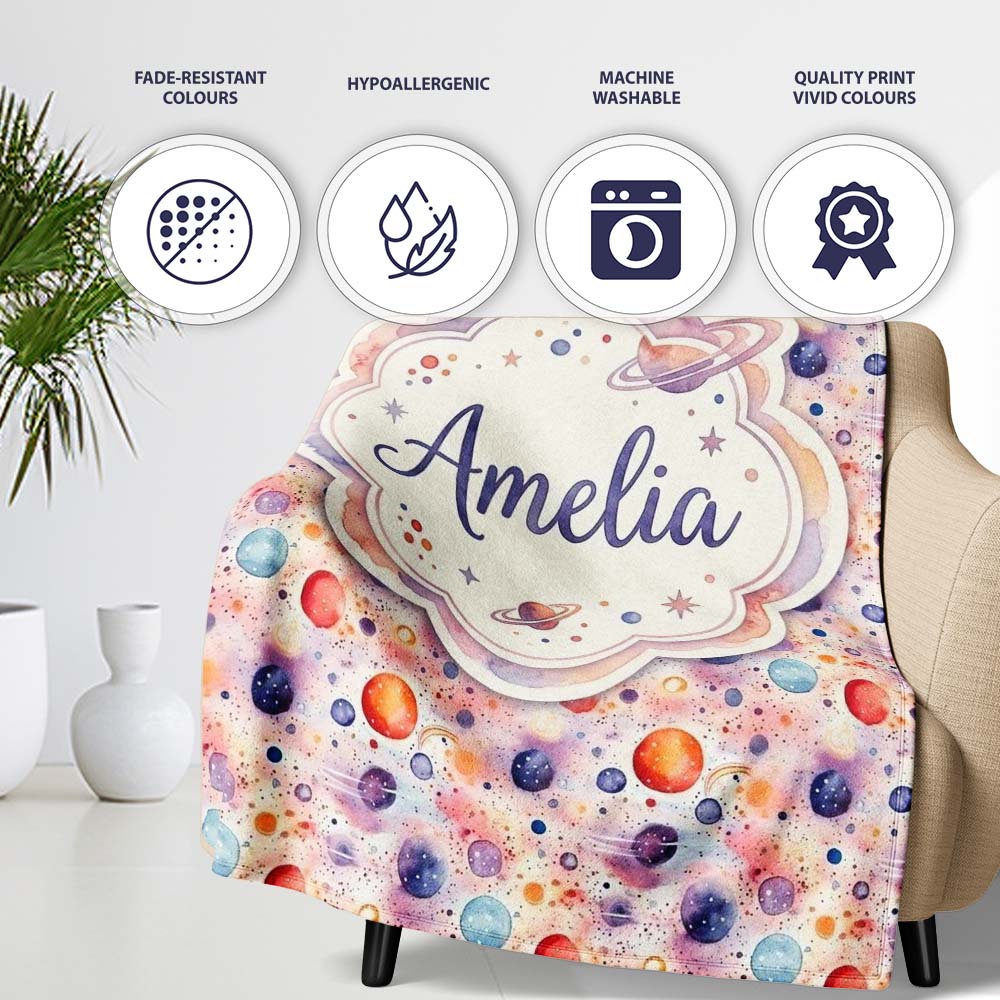 Watercolor Planets Dots Space Seamless Pattern Light Cosmic Lovely  Personalised Custom Name Super Soft Fleece Blanket Bed Sofa Throw
