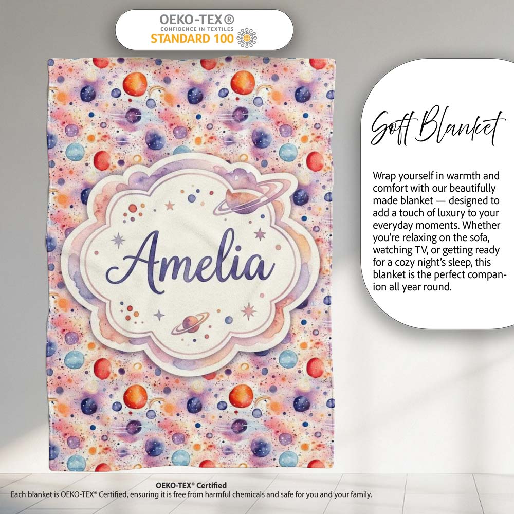 Watercolor Planets Dots Space Seamless Pattern Light Cosmic Lovely  Personalised Custom Name Super Soft Fleece Blanket Bed Sofa Throw