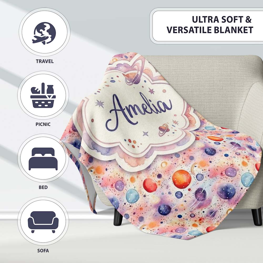 Watercolor Planets Dots Space Seamless Pattern Light Cosmic Lovely  Personalised Custom Name Super Soft Fleece Blanket Bed Sofa Throw