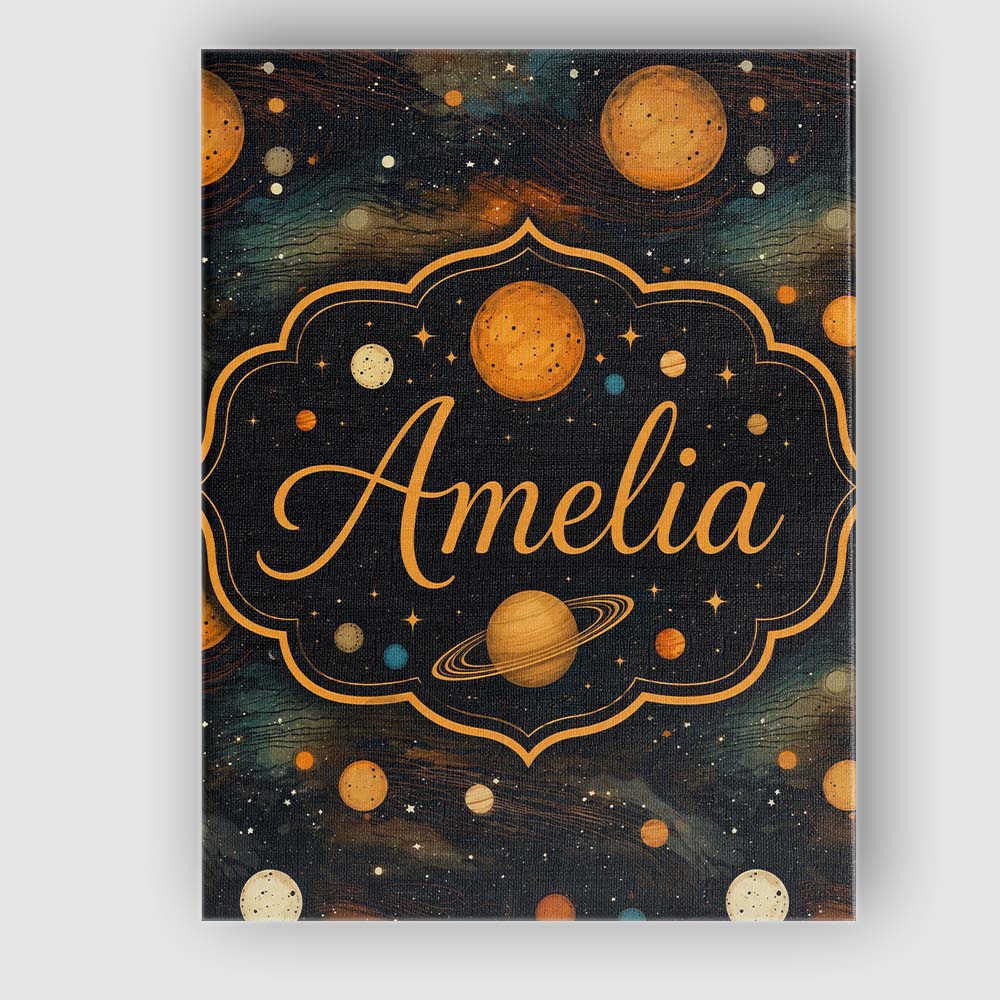 Personalised Name Dark Golden Planets Custom Modern Room Accent Creative Decorator Style Canvas Wall Art Print Decor Picture Ready to Hang