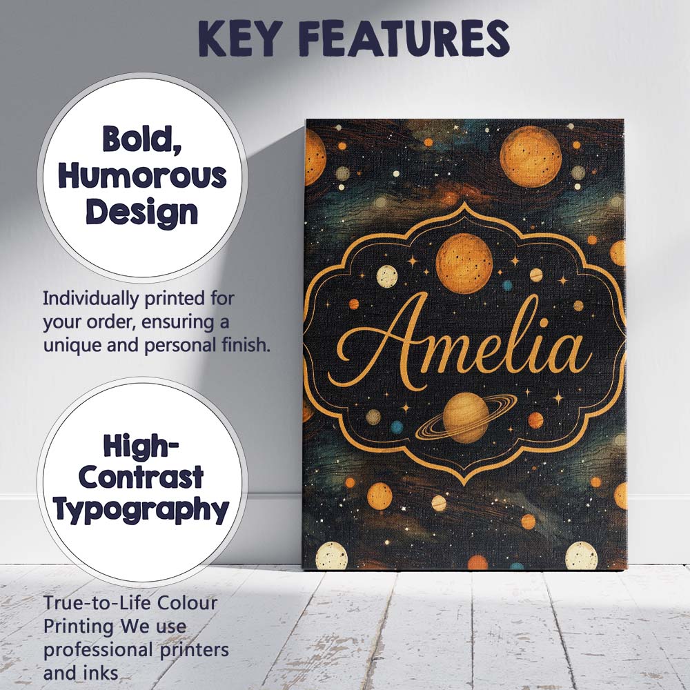 Personalised Name Dark Golden Planets Custom Modern Room Accent Creative Decorator Style Canvas Wall Art Print Decor Picture Ready to Hang
