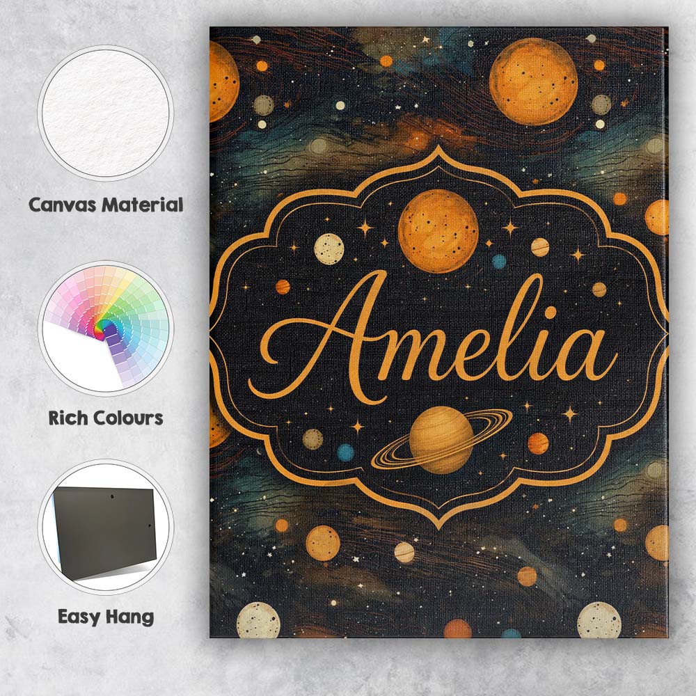 Personalised Name Dark Golden Planets Custom Modern Room Accent Creative Decorator Style Canvas Wall Art Print Decor Picture Ready to Hang