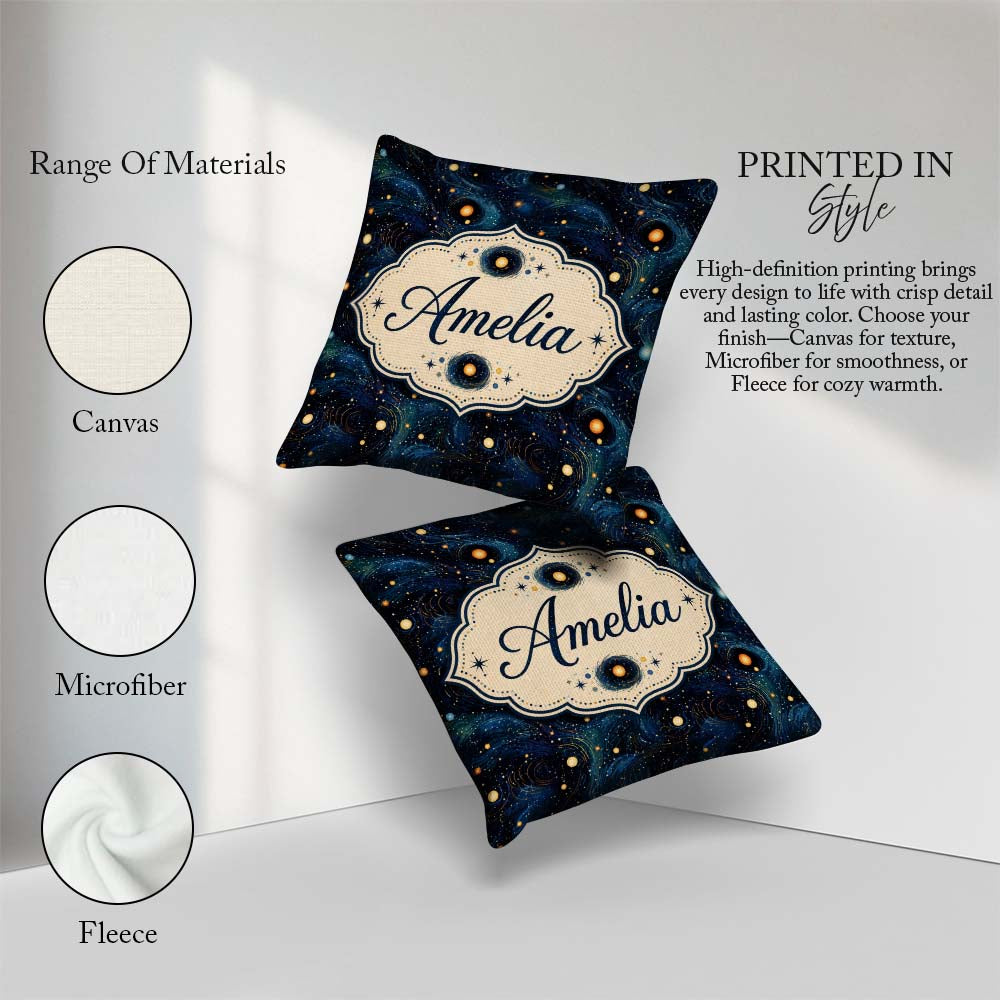 Custom Name Blue Swirling Starfield Space Seamless Pattern Night Square Filled Cushion Throw Pillow Sofa Bed Home Decor Zip Washable UK Made