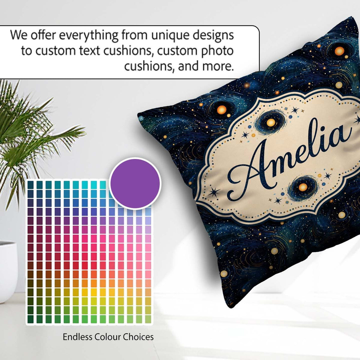 Custom Name Blue Swirling Starfield Space Seamless Pattern Night Square Filled Cushion Throw Pillow Sofa Bed Home Decor Zip Washable UK Made