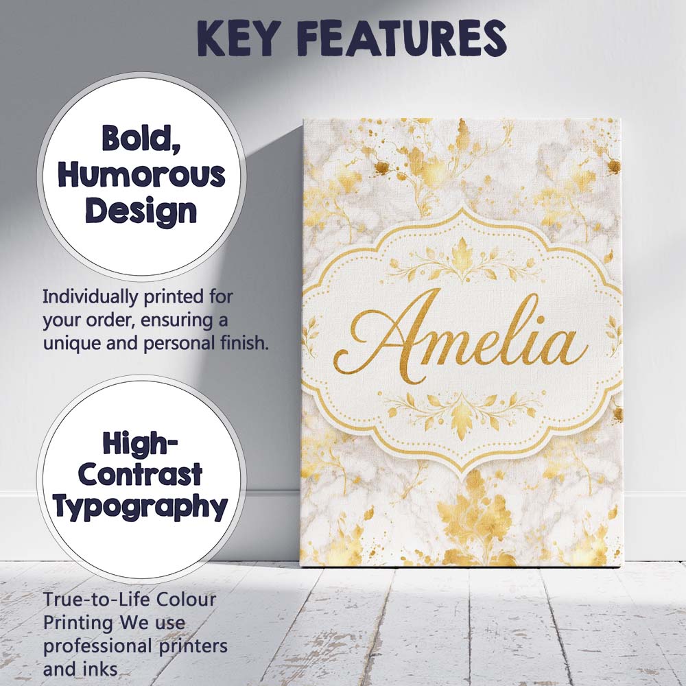 Personalised Name Gold Vein Marble White Custom  Unique Gift Idea Elegant Feature Canvas Wall Art Print Decor Picture Ready to Hang
