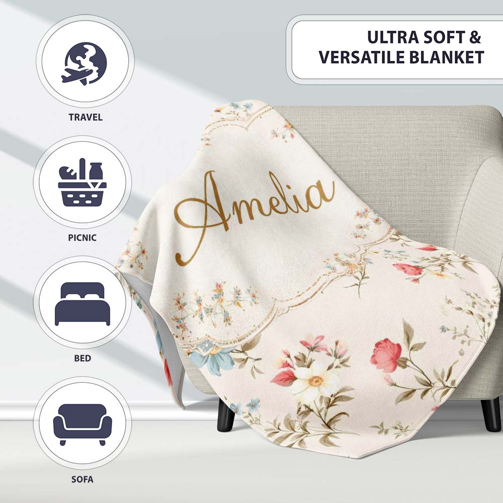 Pastel Floral Spring Pattern Cream Background Seamless Lovely  Personalised Custom Name Super Soft Fleece Blanket Bed Sofa Throw