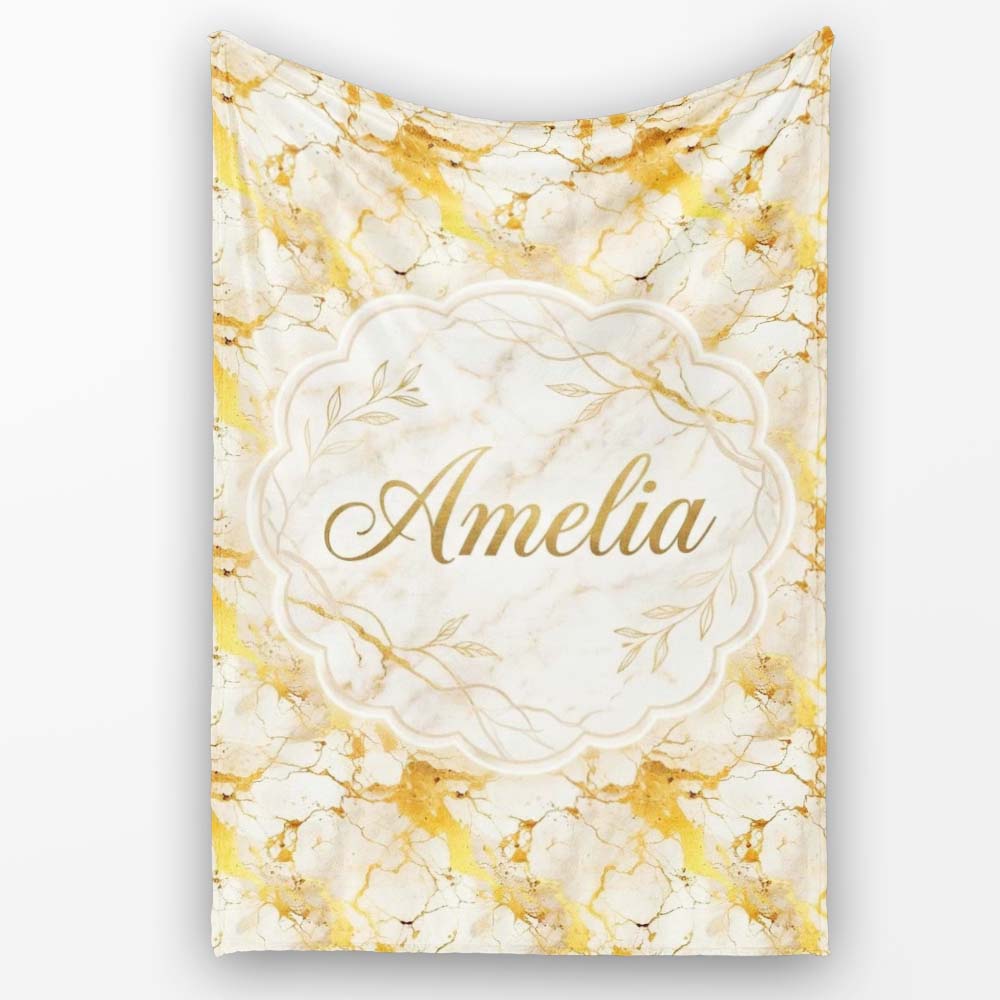 White Gold Floral Marble Abstract Seamless Pattern Luxury Texture  Personalised Custom Name Super Soft Fleece Blanket Bed Sofa Throw