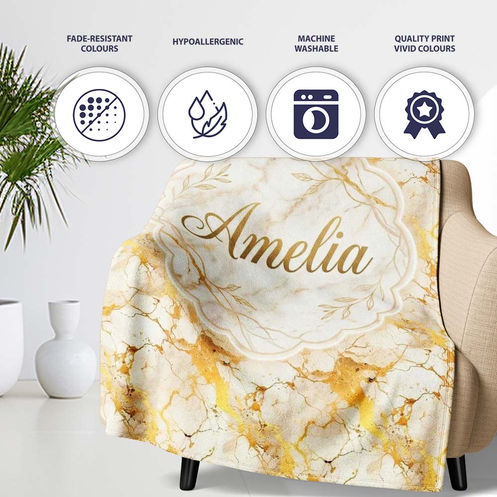 White Gold Floral Marble Abstract Seamless Pattern Luxury Texture  Personalised Custom Name Super Soft Fleece Blanket Bed Sofa Throw