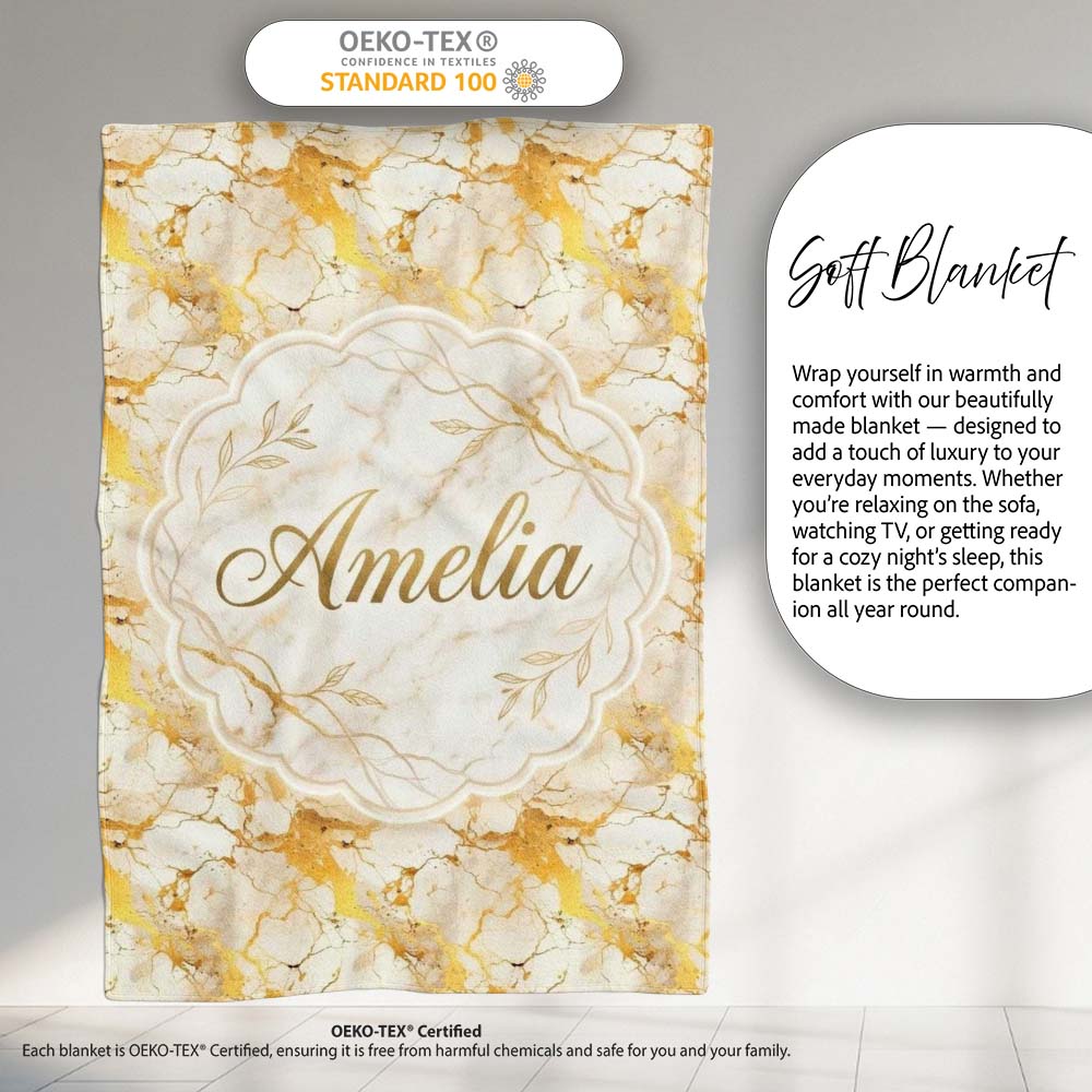 White Gold Floral Marble Abstract Seamless Pattern Luxury Texture  Personalised Custom Name Super Soft Fleece Blanket Bed Sofa Throw