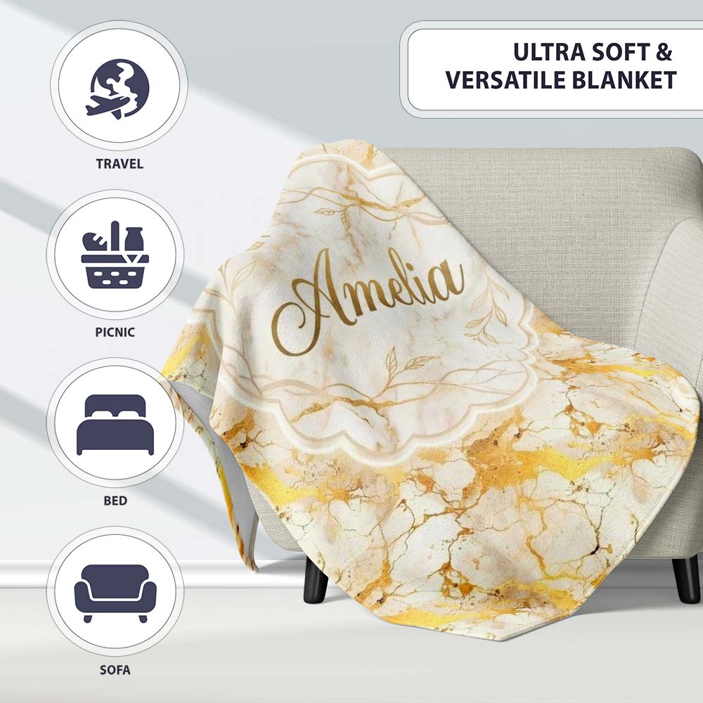 White Gold Floral Marble Abstract Seamless Pattern Luxury Texture  Personalised Custom Name Super Soft Fleece Blanket Bed Sofa Throw