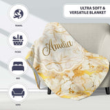 White Gold Floral Marble Abstract Seamless Pattern Luxury Texture  Personalised Custom Name Super Soft Fleece Blanket Bed Sofa Throw