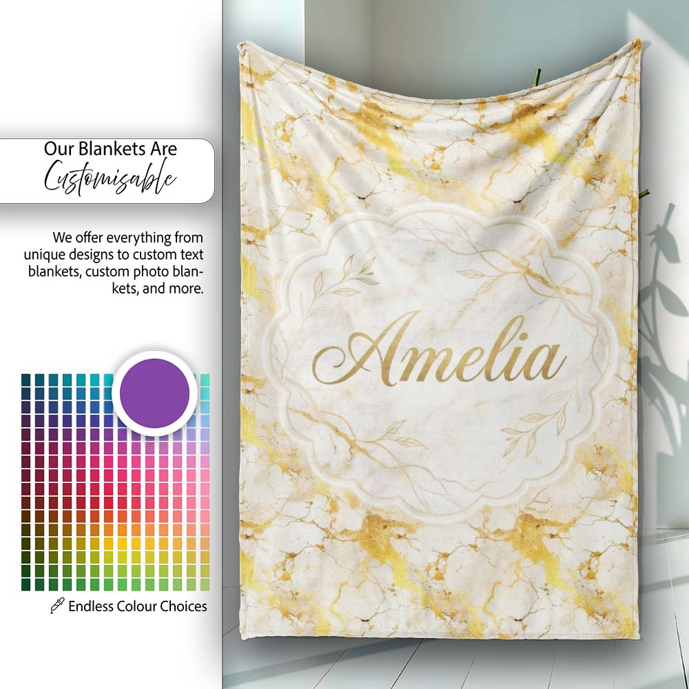 White Gold Floral Marble Abstract Seamless Pattern Luxury Texture  Personalised Custom Name Super Soft Fleece Blanket Bed Sofa Throw