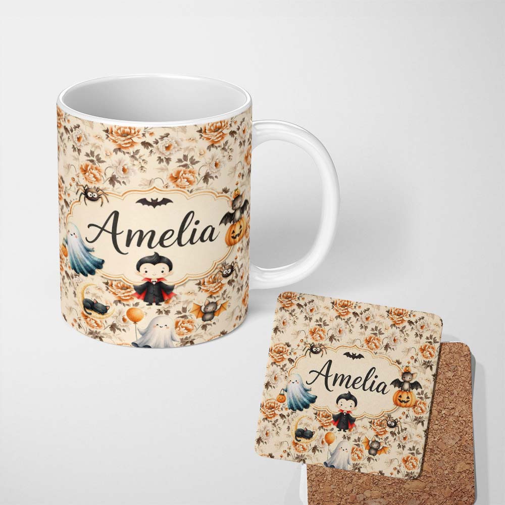 Personalized Custom Name Vintage Orange Rose Floral Pattern on Beige Background Seamless 11oz Ceramic Coffee Tea Mug White Large Handle