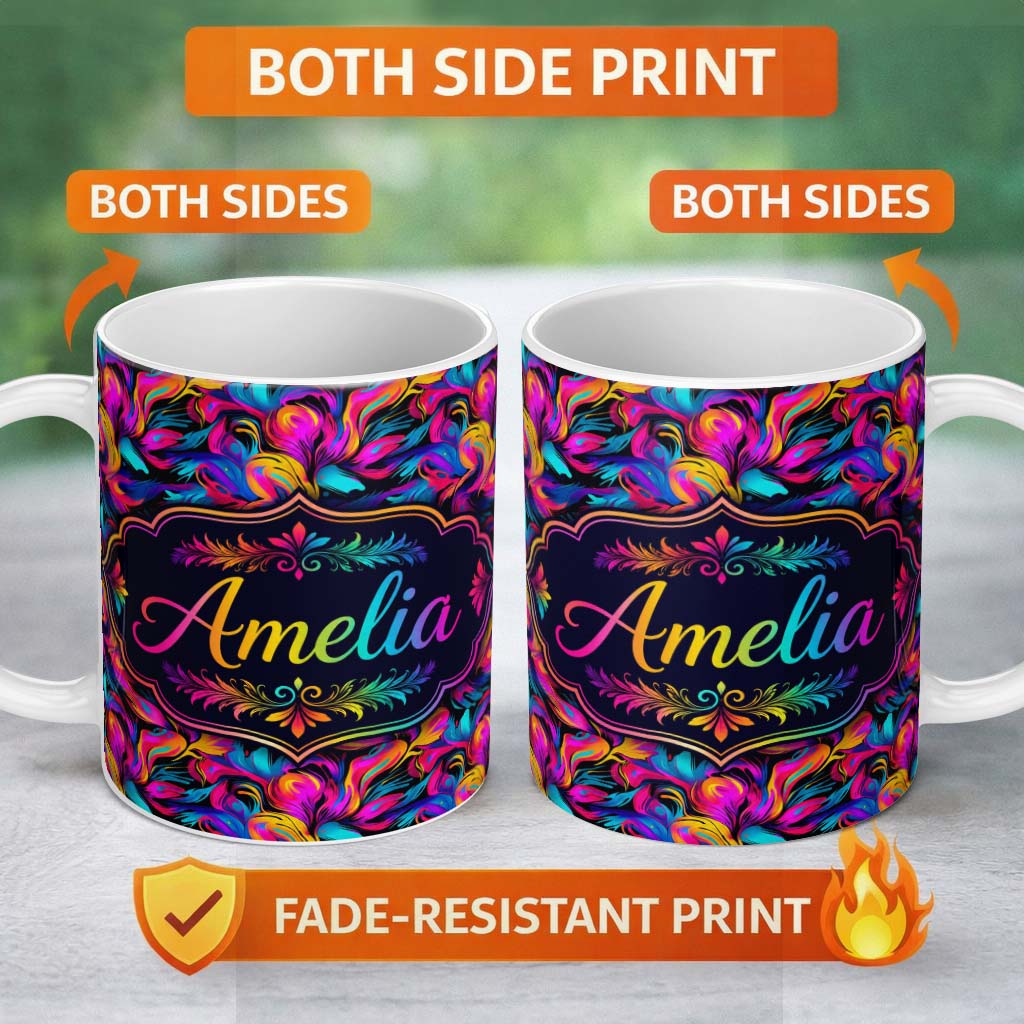 Personalized Custom Name Abstract Fluid Paint Swirl Neon Colors on Dark Background Seamless 11oz Ceramic Coffee Tea Mug White Large Handle