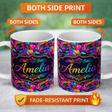 Personalized Custom Name Abstract Fluid Paint Swirl Neon Colors on Dark Background Seamless 11oz Ceramic Coffee Tea Mug White Large Handle