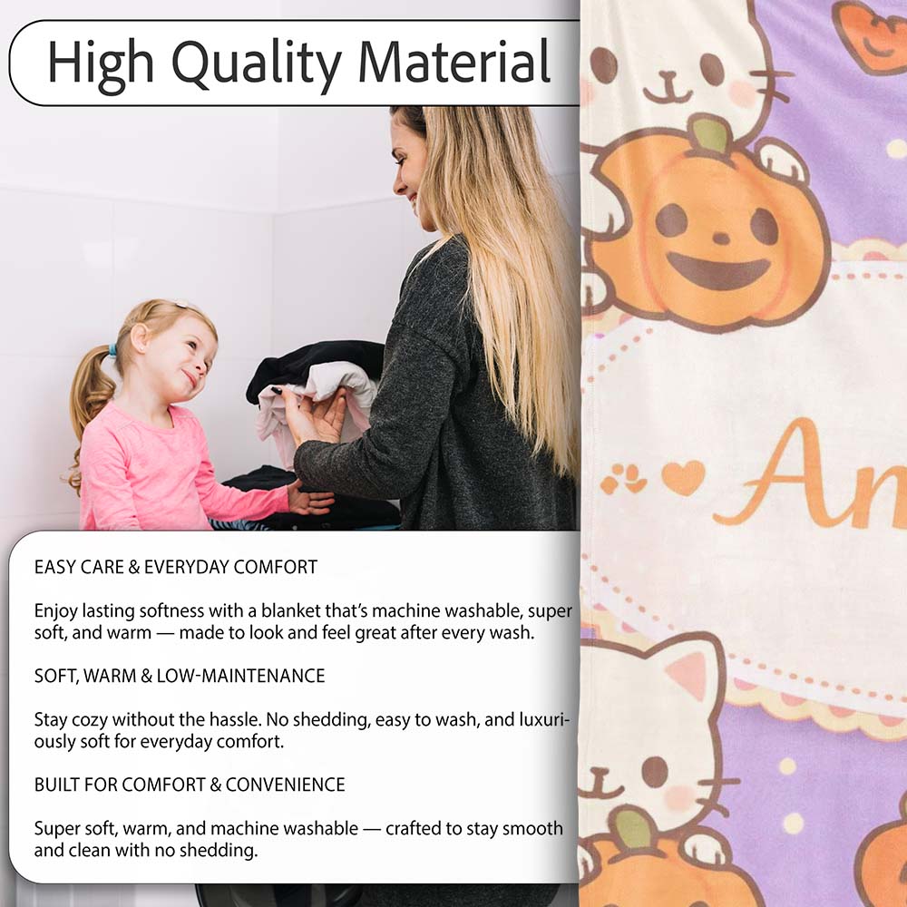 Cute Halloween Cat Pumpkin Cartoon Animal Pattern Cute Unique Gift  Personalised Custom Name Super Soft Fleece Blanket Bed Sofa Throw