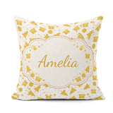 Custom Name Gold Christmas Icons Pattern White Background Lovely Square Filled Cushion Throw Pillow Sofa Bed Home Decor Zip Washable UK Made