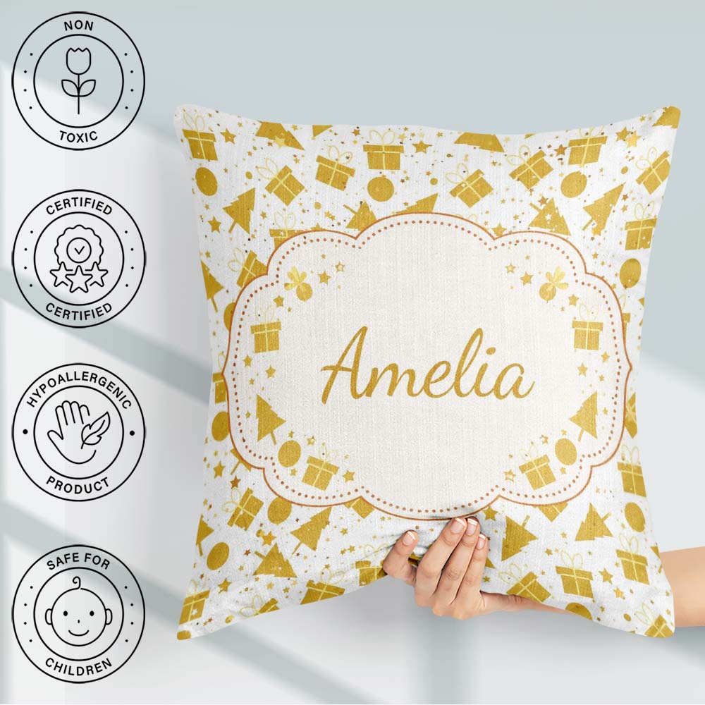 Custom Name Gold Christmas Icons Pattern White Background Lovely Square Filled Cushion Throw Pillow Sofa Bed Home Decor Zip Washable UK Made